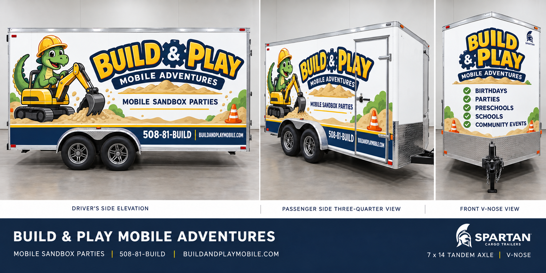 White Spartan 7 by 14 V-nose trailer wrap shown from multiple angles