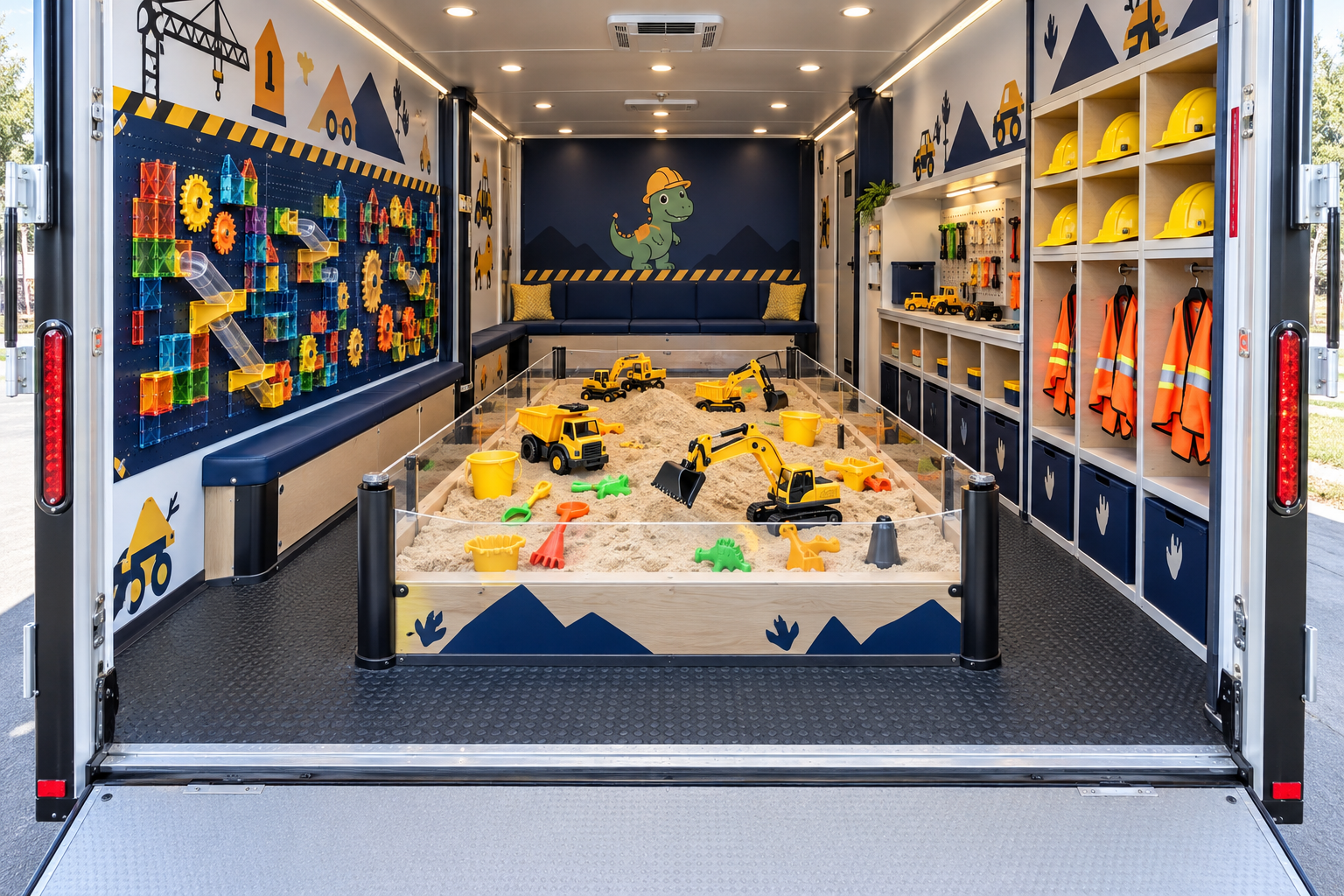 Planned Build and Play trailer interior with sandbox, magnetic wall and hard hats